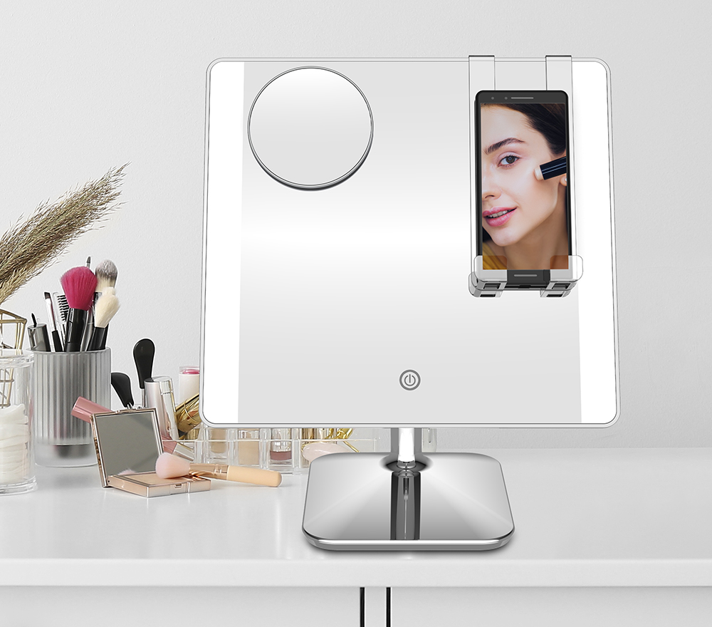 LED mirror with phone in removable holder